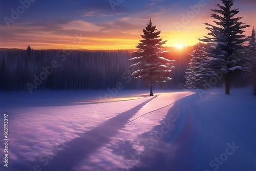 winter path with sunset/sunrise © D
