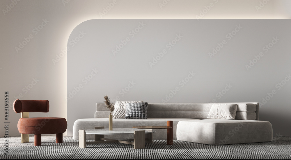 White sofa and red chair and modern coffee table against white pattern wall background. Scandinavian boho home interior design of modern living room. - obrazy, fototapety, plakaty 