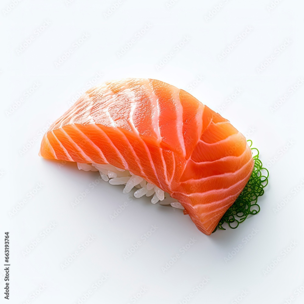 A sushi salmon on white background. A sushi salmon on white background.