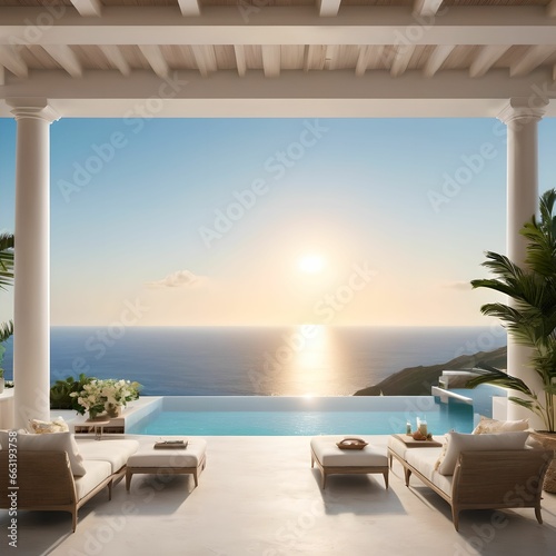 A resort with a blue sky and a beautiful sea. A cot, a pool and a terrace. Generative AI