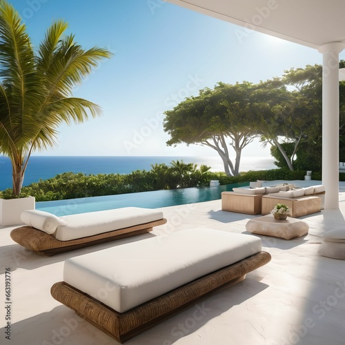 A resort with a blue sky and a beautiful sea. A cot, a pool and a terrace. Generative AI