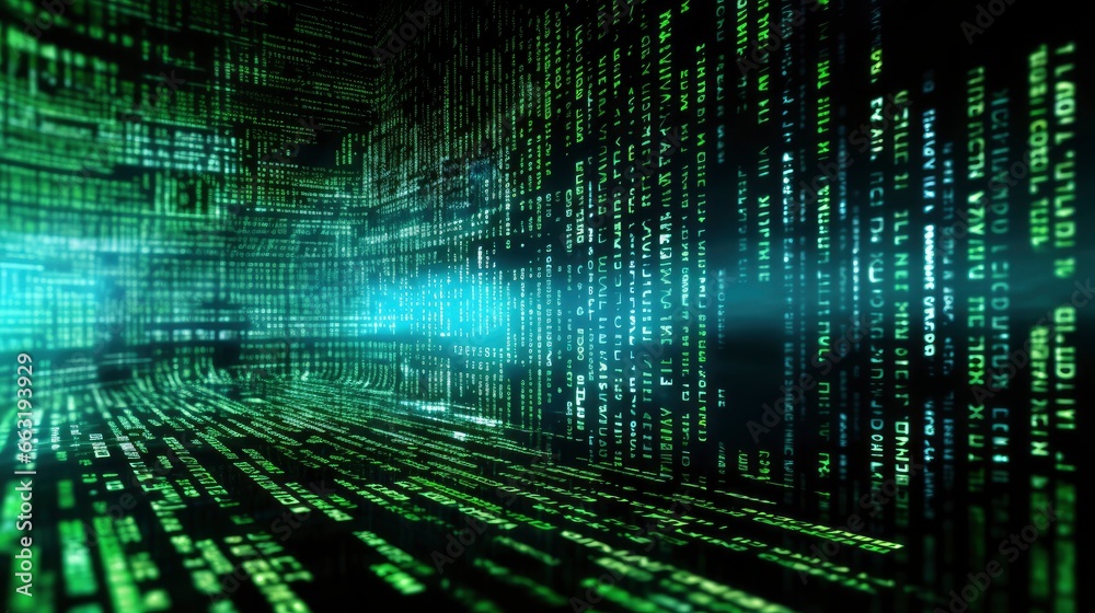 An abstract digital background with binary code and AI algorithms running in the background.