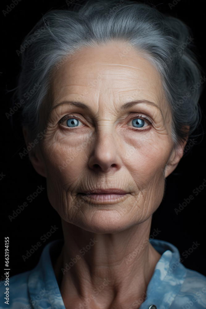 Obraz premium Portrait of a beautiful old woman on a dark background. Rich grandma. Skin care. Old age. Beautiful eyes. wrinkles