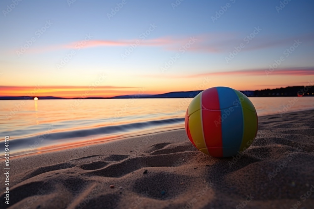 a beach ball and frisbee left on the beach at sunset