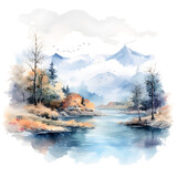 Landscape watercolor painting. A breathtaking landscape, with vibrant colors and a sense of serenity. Isolated background.