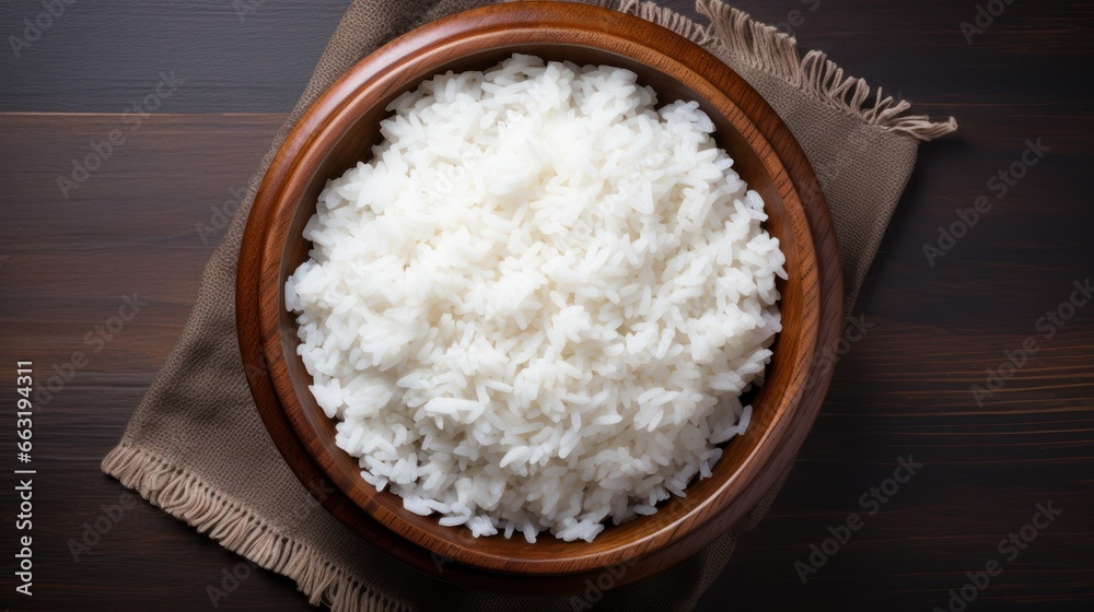 A wooden plate filled with fluffy white rice sits on a table, ready to be served A wooden plate filled with fluffy white rice sits on a table, ready to be served