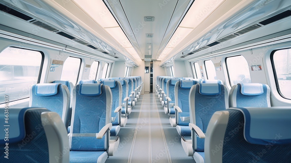 Inside a high-speed train, sleek and modern interiors provide comfort and efficiency for travelers