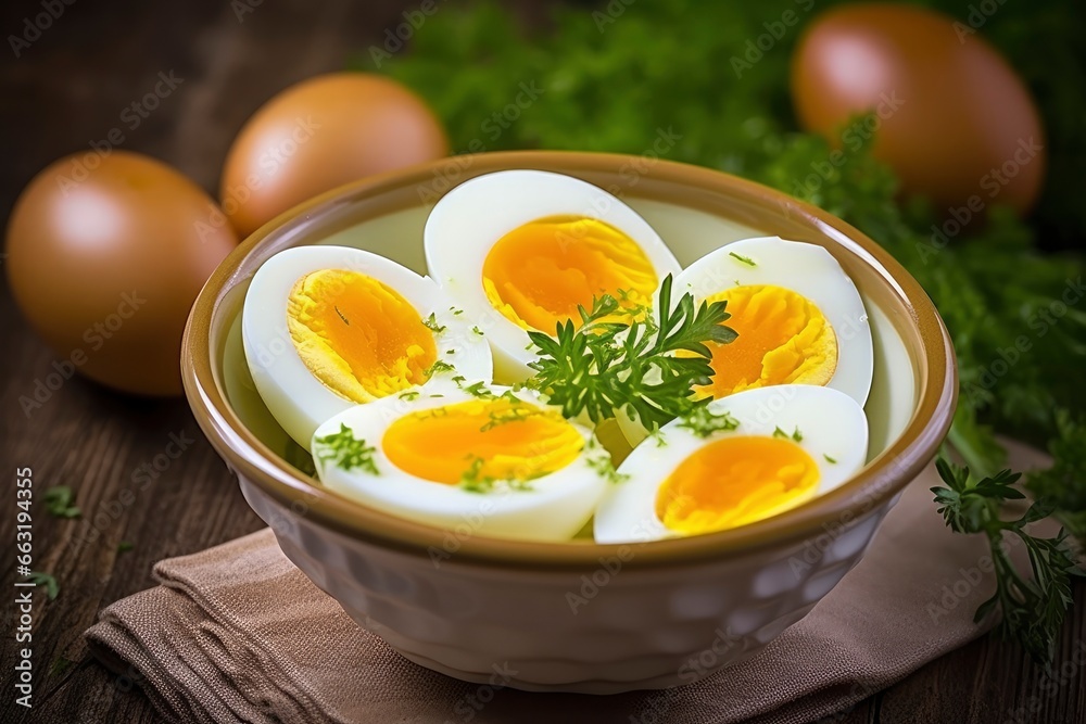 Boiled eggs in bowl.