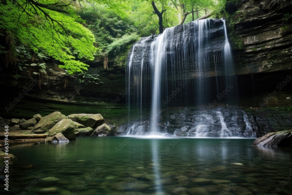 serene waterfall in a dense forest, perfect for qi gong