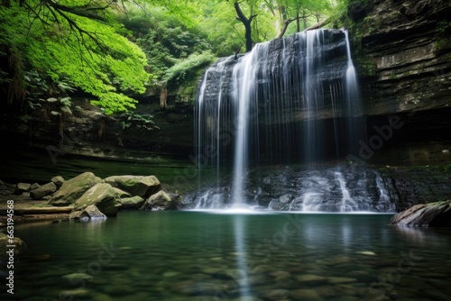 serene waterfall in a dense forest  perfect for qi gong