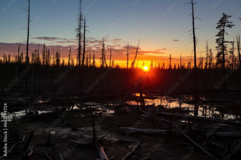 sun setting over barren, lifeless forest sun setting over barren, lifeless forest
