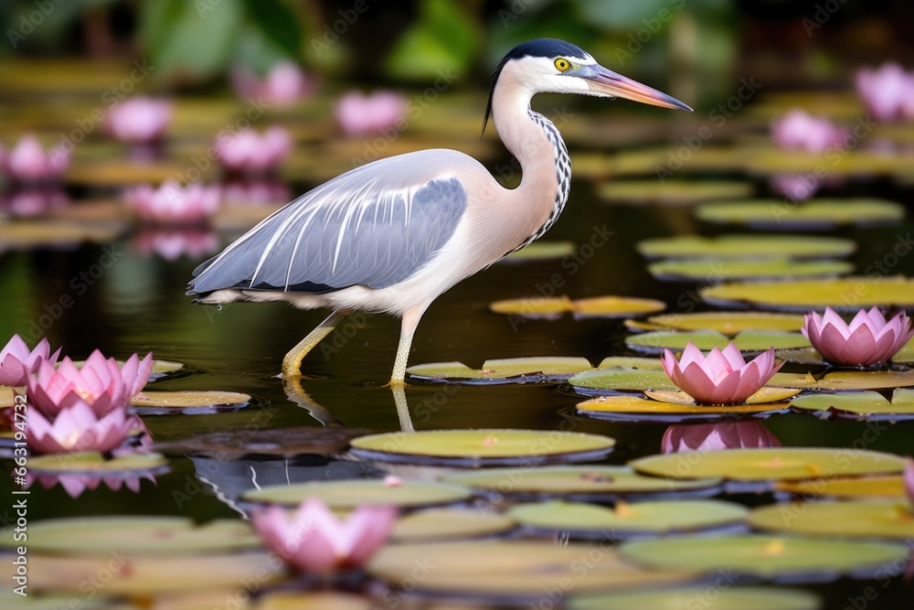 Obraz premium heron wading in a shallow water lily pond