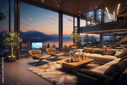 Spacious living room with a large window overlooking a wooden balcony, exuding a holiday vibe and futuristic ambiance, featuring cinematic light and volumetric lighting. Generative AI © Sophia