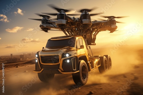 Drone prepares to land near a truck. 3D image. Custom design. Generative AI © Orion