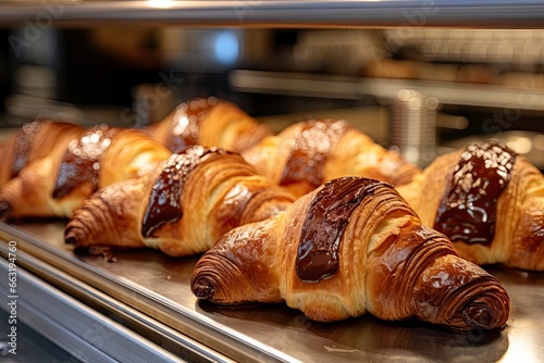 Chocolate croissants in bakery.