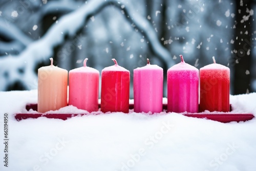 red and pink advent candles in a snow