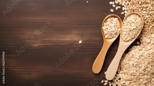 Wooden scoops plunge into raw oatmeal, highlighting the texture and natural goodness of the grain