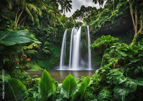 A stunning image of a tropical waterfall surrounded by lush greenery.