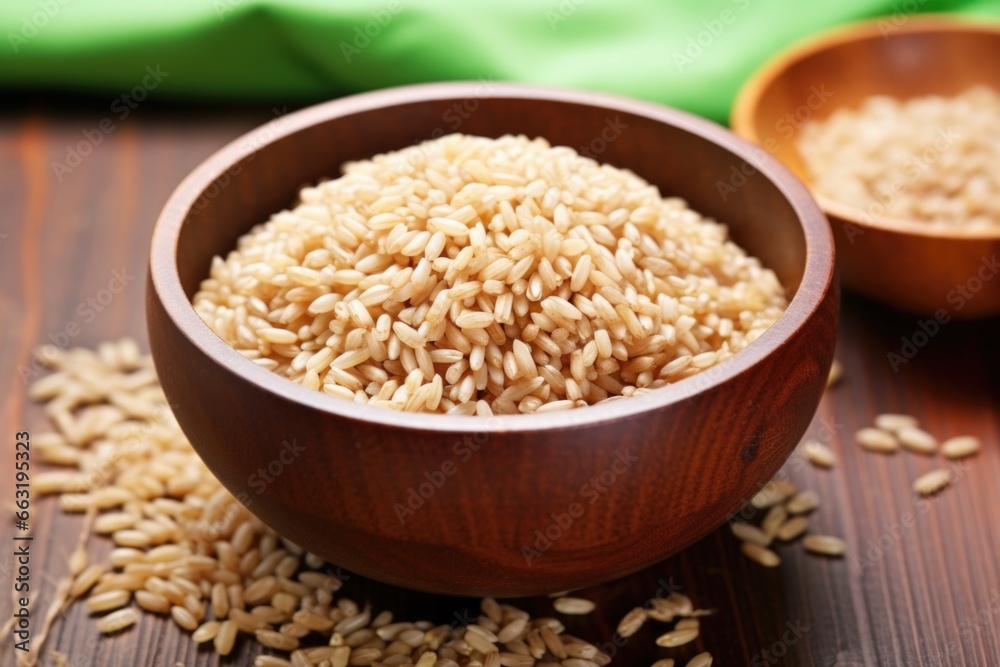 uncooked grains of brown rice in a bamboo bowl uncooked grains of brown rice in a bamboo bowl