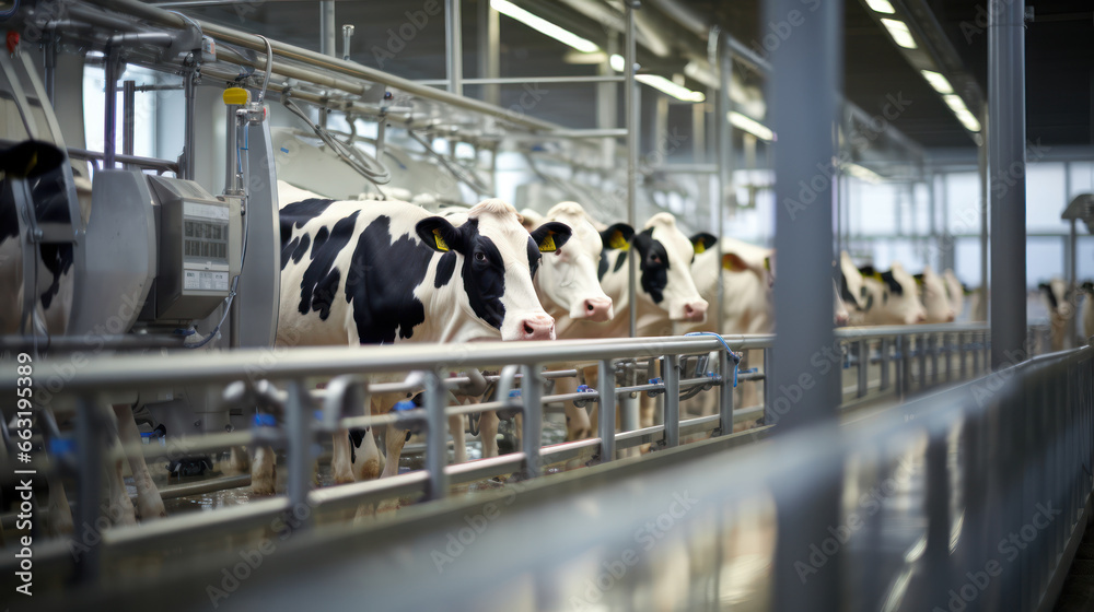 Dairy cows stand in a modern facility, as machines efficiently handle ...