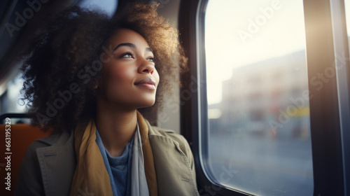 Pensive young African American woman, happily gazing out the window during her morning commute on an urban light rail train, expressing gratitude