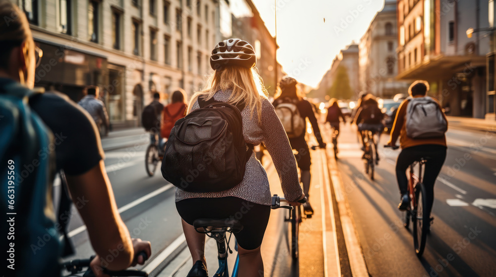 Cyclists navigate the urban landscape, using bicycles as an eco-friendly mode of commuting