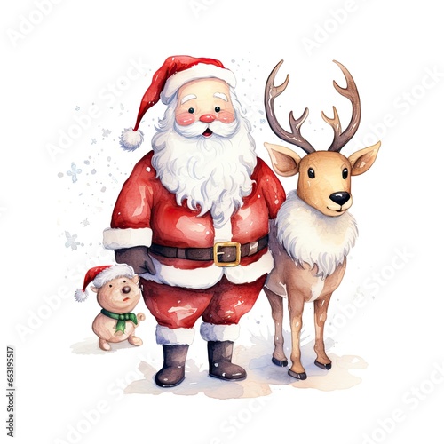 Cute Santa Claus standing with reindeer.