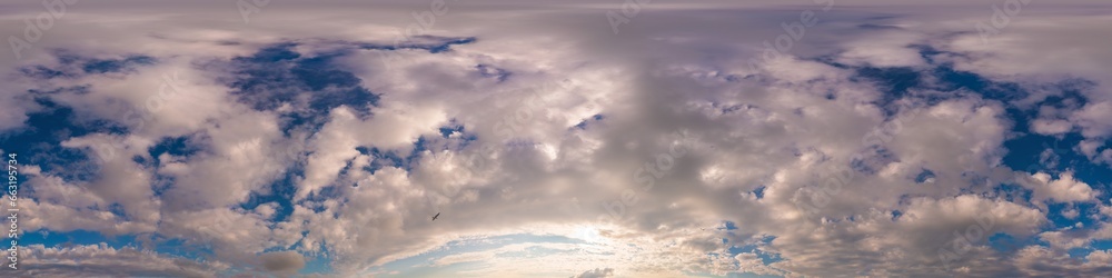 Fototapeta premium Sunset sky panorama with bright glowing pink Cumulus clouds. HDR 360 seamless spherical panorama. Full zenith or sky dome for 3D visualization, sky replacement for aerial drone panoramas.