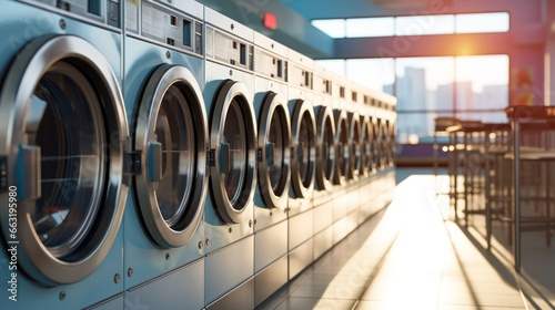 A row of industrial-sized laundry machines hums to life