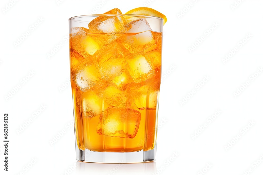 A glass of orange soda water with ice cubes on white background. A glass of orange soda water with ice cubes on white background.