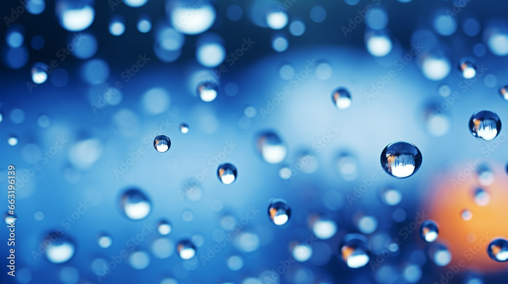 Raindrops on a sanguine glass surface and blurred bokeh lights characterize an autumn abstract backdrop.