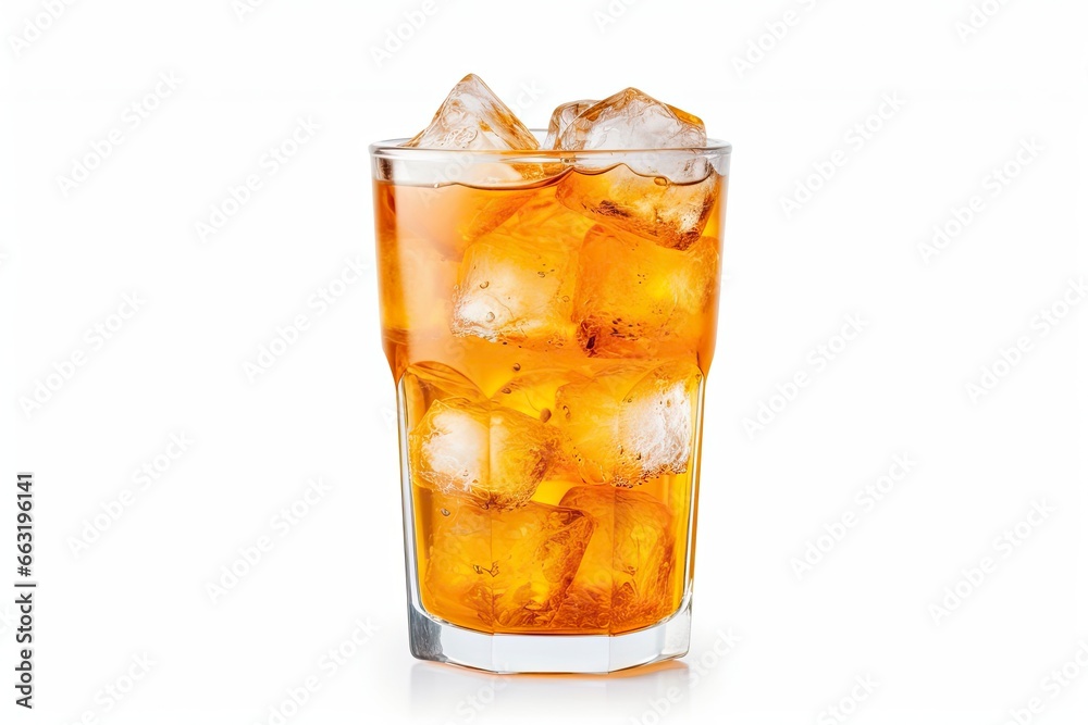 A glass of orange soda water with ice cubes on white background. A glass of orange soda water with ice cubes on white background.