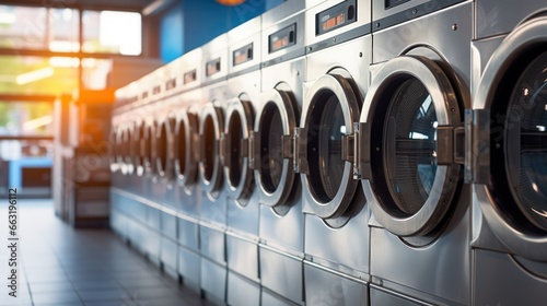 A row of industrial-sized laundry machines hums to life