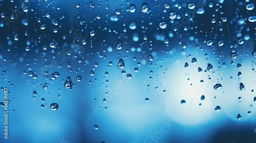 Beads of precipitation on azure glass backdrop, blurred street illumination in the fall.