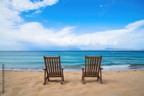 two empty chairs facing a beautiful beach view