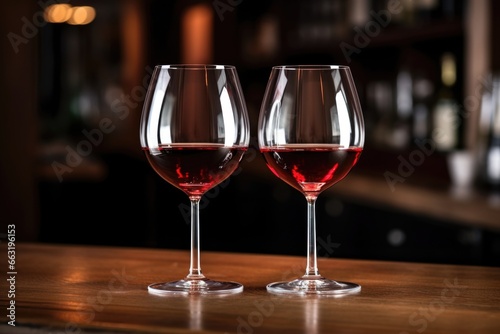 pair of wine glasses filled with red wine on a bar counter