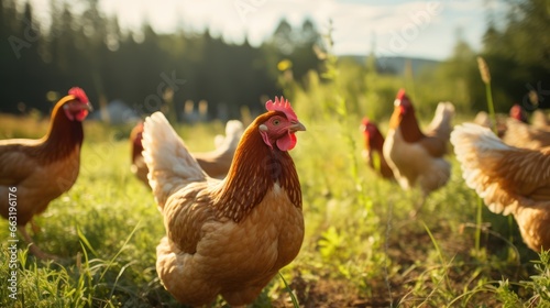 Chickens roam freely in an organic poultry farm, basking in the natural environment