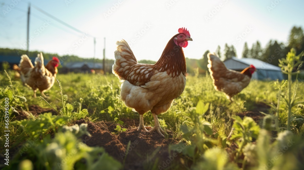 Chickens roam freely in an organic poultry farm, basking in the natural environment Chickens roam freely in an organic poultry farm, basking in the natural environment