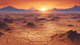 Sunrise over a dry, barren vast landscape with cracked soil.