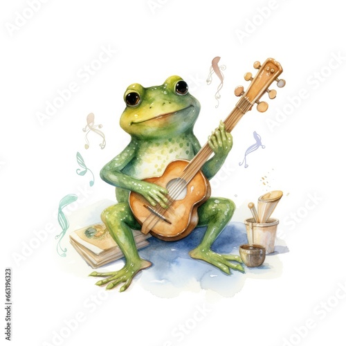 Watercolor green frog playing a tiny musical instrument on white background. © FurkanAli