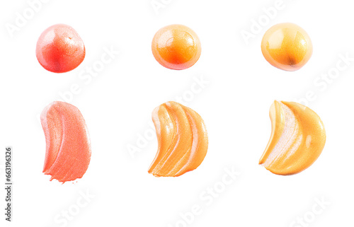 Bright pink gold, orange gold and yellow gold swatch of lip gloss, eyeshadows or paint..Three shiny swatches isolated on white background. photo