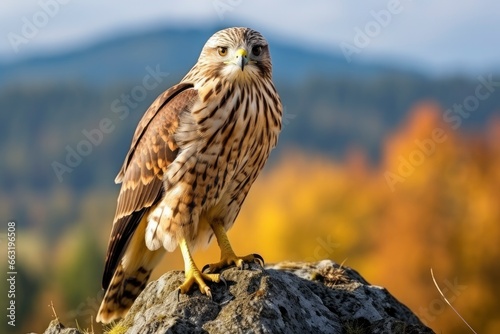 Hawk sitting on rock looking for prey. © FurkanAli