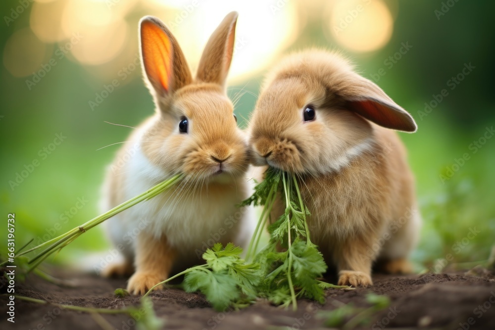 two rabbits sharing a carrot