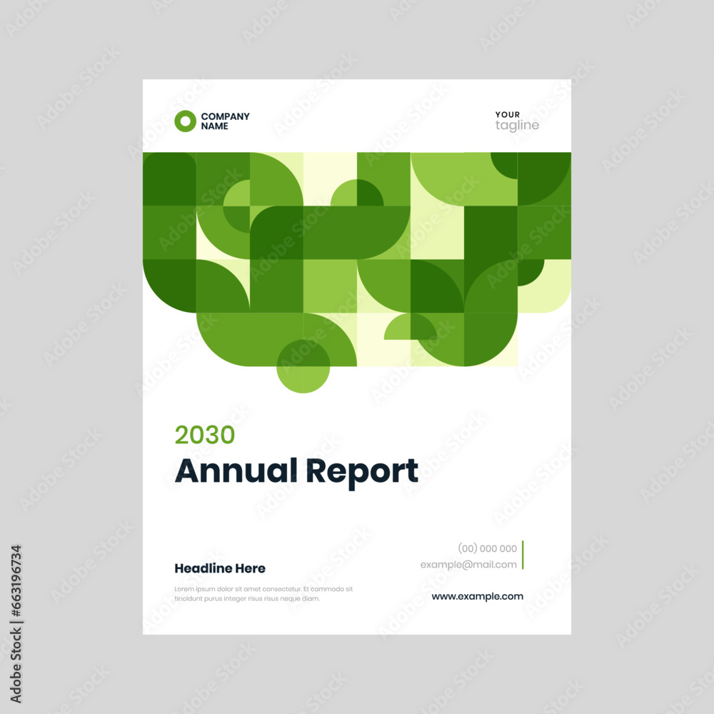 Fresh and modern annual report cover page design template for a company booklet, showcasing an engaging green mosaic pattern. Rejuvenating and on-trend cover page design.