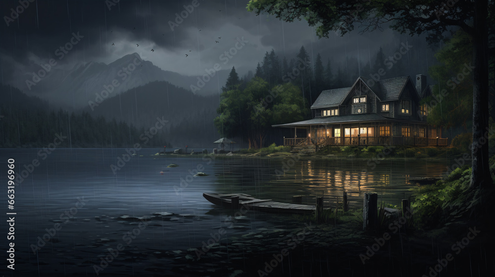 Fototapeta premium The lake house's scenery was gloomy, with a damp and overcast atmosphere.