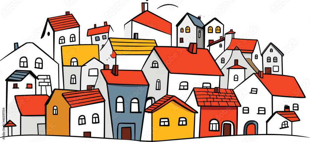 Cute houses, city buildings in Scandinavian style. Cosy town panorama. Abstract vector isolated on white background