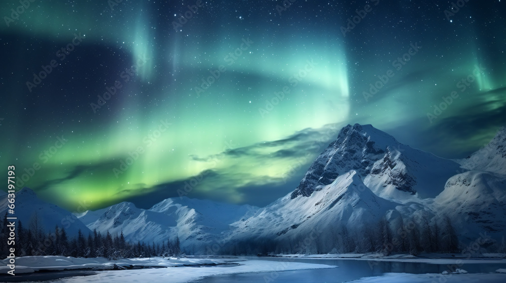 The Aurora borealis sparkles in a majestic, wintry sky above snow-capped peaks.