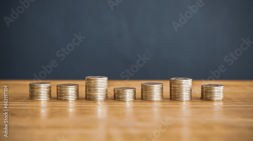 stack of golden money coin on wood desk and grey background. Business and financial concept. 