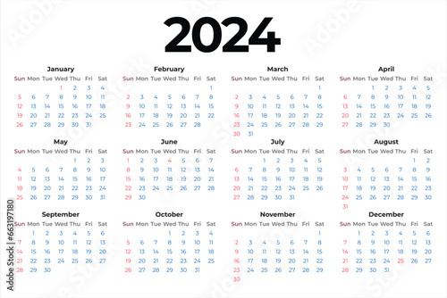 Calender of 2024 isolated on white background.