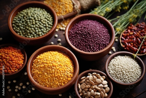 a colorful assortment of dried legumes and beans in bowls